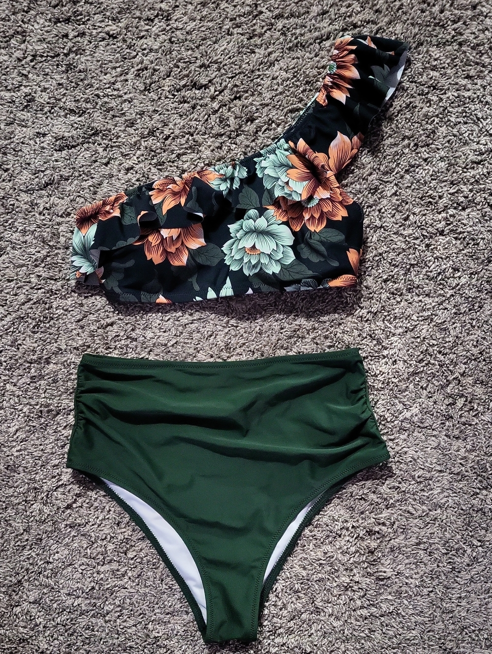 One-Shoulder Floral Ruffle Bikini Set in Black, Orange, & Green